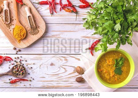 Masoor Dal - Indian Lentil Cream Soup. Curry Hyderabadi Khatti