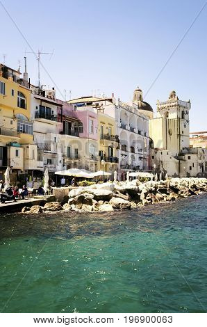 Ischia Bridge and marina village on the island of Ischia, Bay of Naples Italy