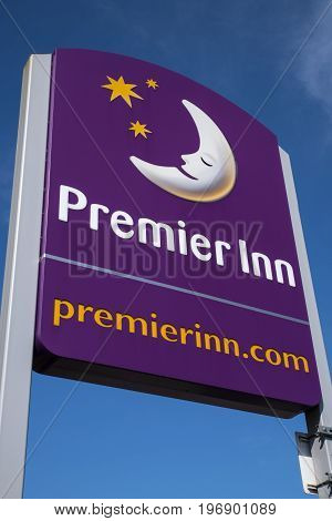 YORK UK - JULY 17TH 2017: The Premier Inn logo outside their hotel near Leeds UK on 17th July 2017.