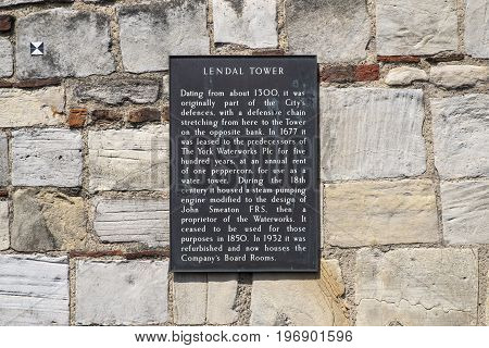 The information plaque on the historic Lendal Tower in York England.