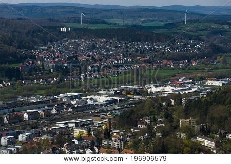 MARBURG GERMANY - APRIL 18 2015: The new and the old part of the city from the surrounding hills. Marburg is a university town in the German federal state (Bundesland) of Hessen.