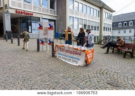 MARBURG GERMANY - APRIL 18 2015: The protest in the historic center of the city against the Transatlantic Trade and Investment Partnership (TTIP).