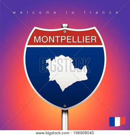 An Sign Road America Style with state of France with Purple Color background and message MONTPELLIER and map vector art image illustration
