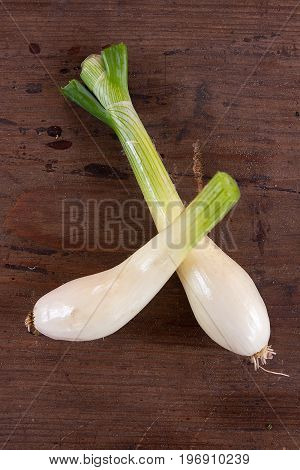 Spring Onions, Harvested Vegetables On Vintage Wooden Background..
