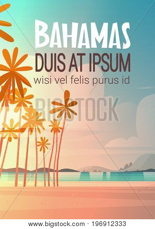 Bahamans Sea Shore Beach On Sunset Beautiful Seaside Landscape Summer Vacation Concept Flat Vector Illustration