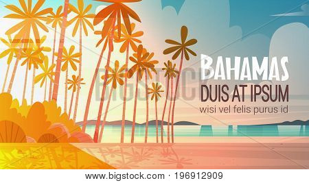 Bahamans Sea Shore Beach On Sunset Beautiful Seaside Landscape Summer Vacation Concept Flat Vector Illustration