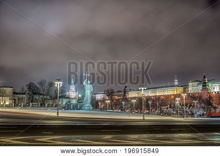 Monument of Vladimir. Moscow Kremlin in winter night. Russia
