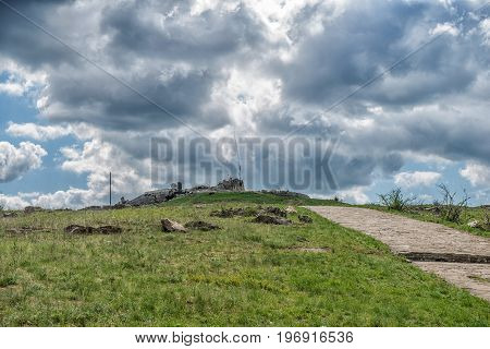 Monument to Soviet soldiers piled rubble destroyed after the hostilities of 2014. DNR Ukraine Saur-Tomb.