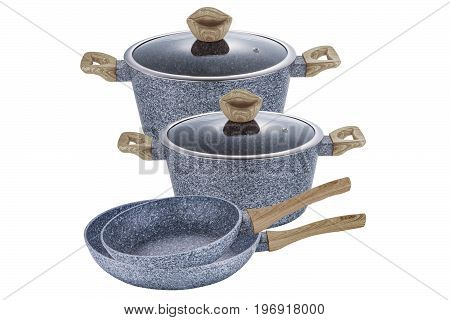 Pots and pans with beige handles art grafit non-stick coating on white background isolation