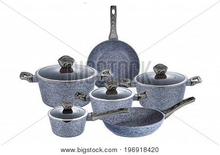 Pots and pans art grafit non-stick coating on white background isolation