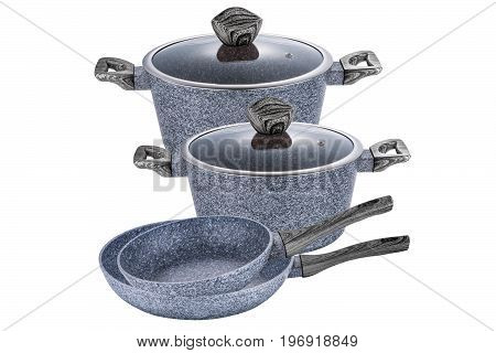 Pots and pans art grafit non-stick coating on white background isolation