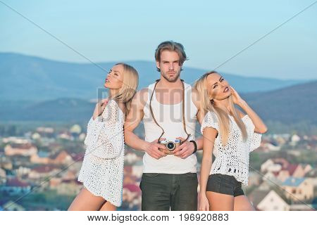 Girl And Women With Photographer Outdoor.