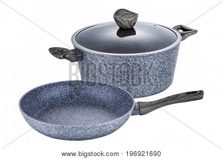 Pot and pan art grafit non-stick coating on white background isolation