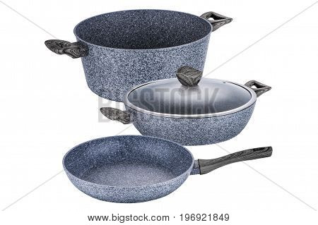 Pots and pans art grafit non-stick coating on white background isolation