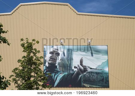 LEAVESDEN UK - JUNE 19TH 2017: A Harry Potter movie still of Lord Voldemort on the exterior of the Warner Bros. studios home to the Making of Harry Potter studio tour in Leavesden UK on 19th June 2017.