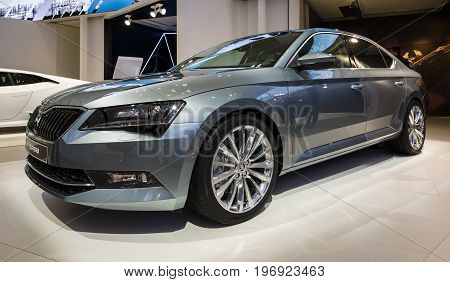 BERLIN - MAY 02 2015: Showroom. Large family car Skoda Superb (Third generation). Produced since 2015.
