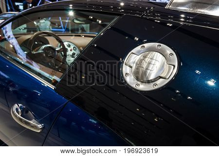 BERLIN - MAY 02 2015: Showroom. Fragment of a supercar Bugatti Veyron EB 16.4. Fastest serial car in the world. Rear view. Produced from 2005 to 2011