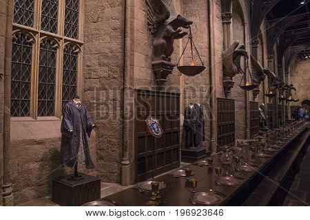 LEAVESDEN UK - JUNE 19TH 2017: The set of the Great Hall at Hogwarts at the Making of Harry Potter studio tour at the Warner Bros studios in Leavesden UK on 19th June 2017.