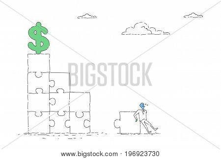 Business Man Solving Puzzle To Reach Dollar Sign Financial Success Concept Vector Illustration