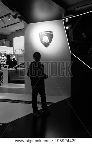 BERLIN - MAY 02 2015: Showroom. The stand of the manufacturer expensive luxury supercars - Lamborghini. Black and white.
