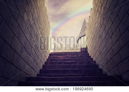 Stair step to castle top deck at the daytime. Fantasy concept.
