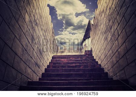 Stair step to castle top deck at the night time. Fantasy concept.
