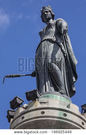The magnificent Column of the Goddess situated in Grand Place - the central square in the historic city of Lille in France.