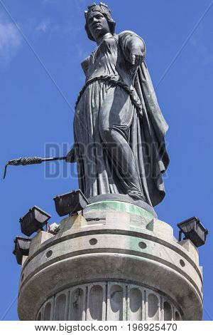 The magnificent Column of the Goddess situated in Grand Place - the central square in the historic city of Lille in France.