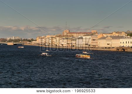 St. Petersburg, Russia - June 28, 2017: Panoramic View Of The Neva River Embankment In St. Petersbur