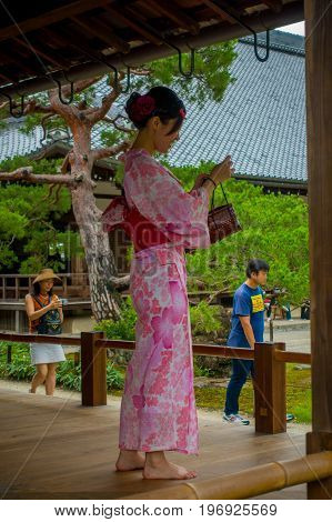 KYOTO, JAPAN - JANUARY 18: The Hojo Hall of Tenryu-ji on January 18, 2017 in the Arashiyama district of Kyoto. Translation of text: abbey.