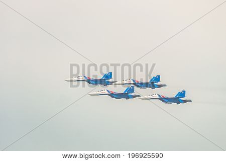 BELGOROD RUSSIA - JULY 15 2017: Russian military jet fighters su-30 sm Flanker-C. Flight of the aerobatics group 