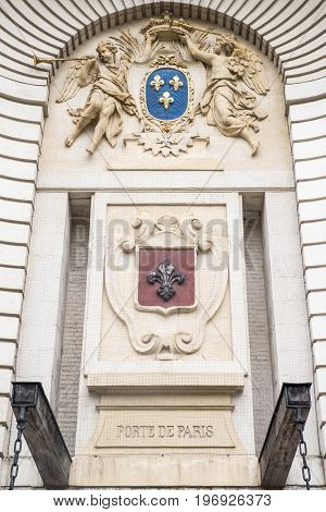 Close-up of the Lille Coat of Arms on the Porte de Paris in the historic city of Lille in France.
