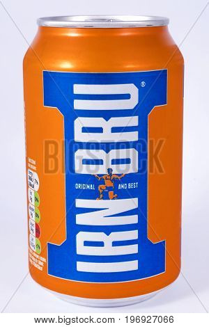 LONDON UK - JULY 7TH 2017: An unopened can of Irn-Bru over a plain white background on 7th July 2017.