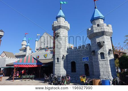 HOUSTON, USA - JANUARY 12, 2017: Big castle entrance in Legoland, as touristic place. Legoland is a theme park based on the popular LEGO brand of building toys.