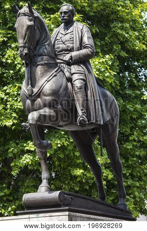 LONDON UK - JUNE 14TH 2017: An esquestrian statue of Field Marshal Earl Haig located on Whitehall in London UK, on 14th June 2017.