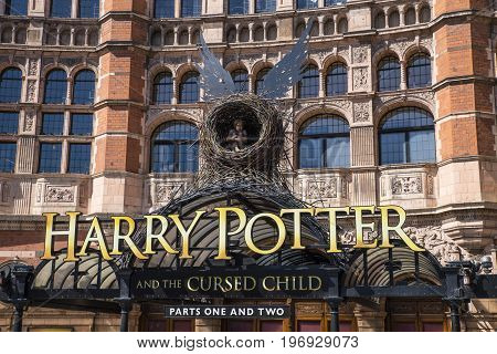 LONDON UK - JUNE 14TH 2017: A view of the front entrance to the Palace Theatre promoting its play Harry Potter and the Cursed Child in London on 14th June 2017.