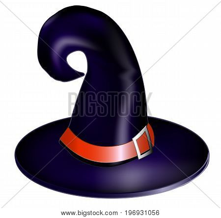 Vector illustration of a cartoon Halloween witch hat. Witch hat with buckle isolated on white background.