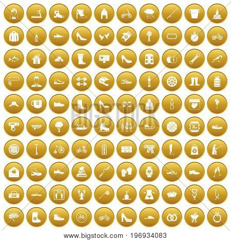 100 shoe icons set in gold circle isolated on white vector illustration