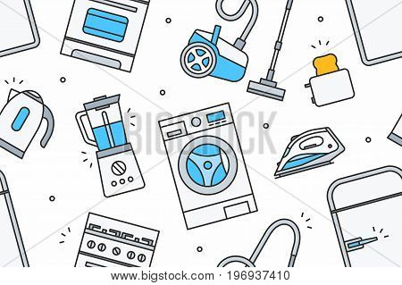 Vector seamless pattern of colorful collection of home appliance icons and line illustrations