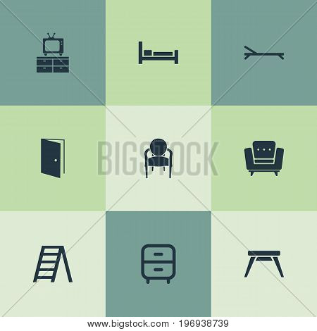 Elements Easychair, Elegant Style, Sunbathing And Other Synonyms Bed, Stairs And Vintage.  Vector Illustration Set Of Simple Furniture Icons.