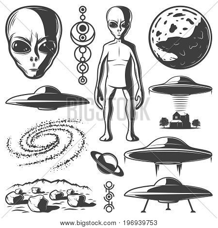 Vintage monochrome UFO elements set with extraterrestrials planet surface landscape galaxy alien ships human abducting from house isolated vector illustration