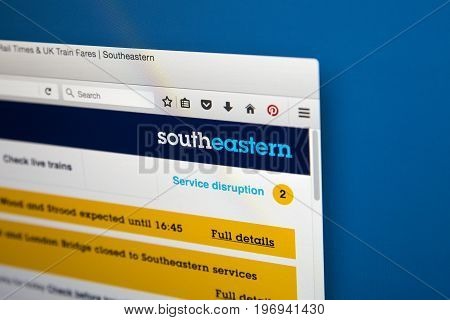 LONDON UK - JUNE 8TH 2017: The homepage of the official website for Southeastern Railway on 8th June 2017.