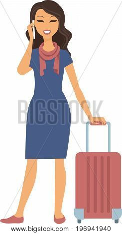 Young wman standing with suitcase calling on the phone