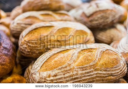 Closeup Of Sourdough Baked Bread Loaves In Bakery