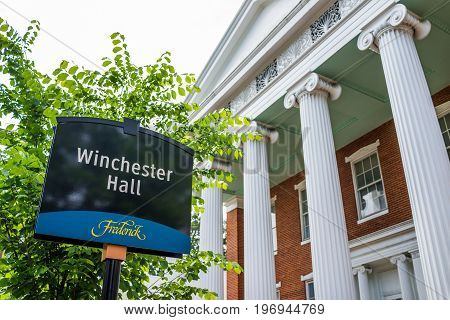 Frederick, Usa - May 24, 2017: Winchester Hall In Downtown City In Maryland With Brick Building Exte