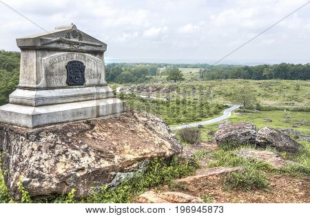 Gettysburg, Usa - May 24, 2017: Little Round Top Grave Stone In Gettysburg Battlefield National Park