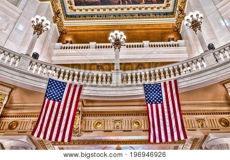Harrisburg, Usa - May 24, 2017: Pennsylvania Capitol Interior Dome Colorful Ceiling In City With Ame