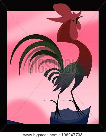 Cock of the Walk. A rooster at dawn with its feathers bristled and it's crow at the ready.