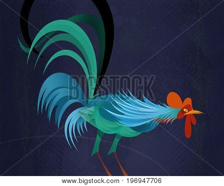Cock on the Walk. A rooster at dawn with its feathers bristled and it's crow at the ready.