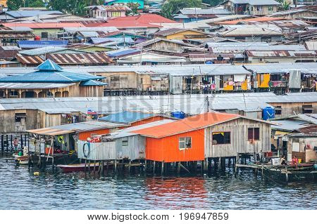 Semporna,Sabah,Malaysia-Apr 22,2017:View of Semporna bajau water village in Semporna,Sabah,Malaysia.The water village is a popular tourist attraction place in Semporna,Sabah,Borneo,Malaysia